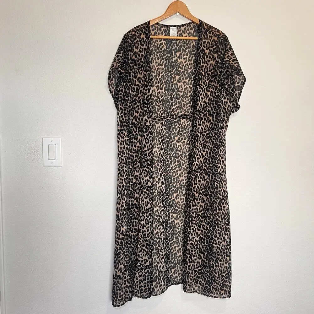 Swim Cover Ups Size L Black, Navy, Leopard Sheer Long Kimono Resortwear Lot Of 3